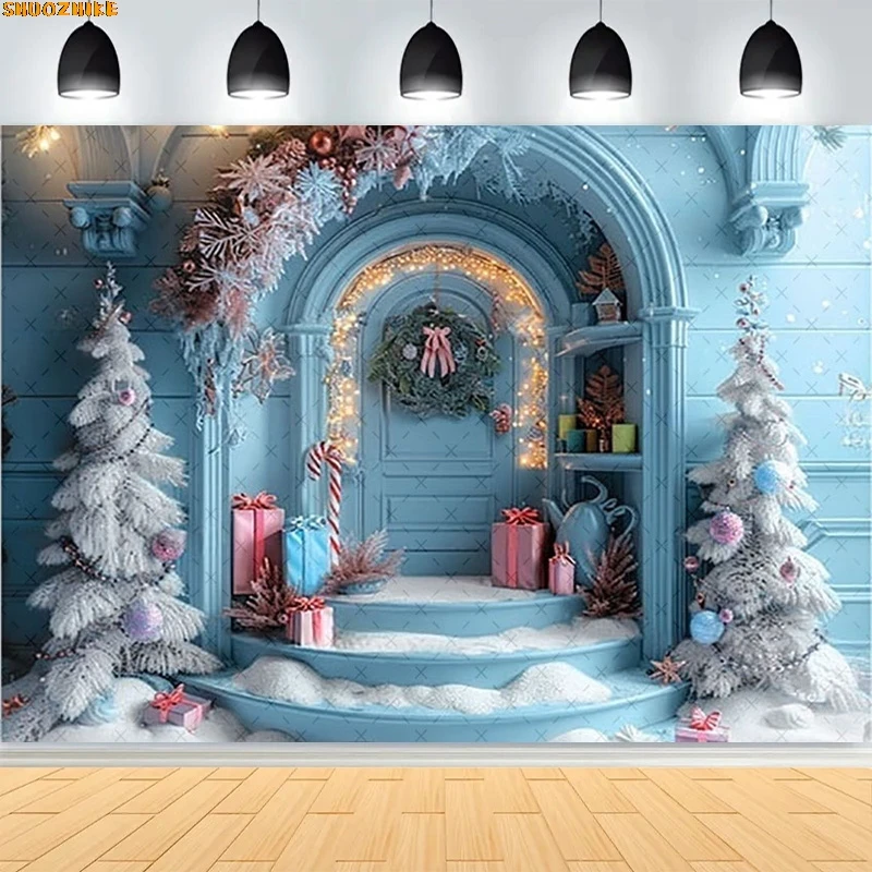 

Christmas Day Wreath Family New Year Party Photography Backdrops Prop Window Living Room Xmas Tree Gift Snow Background BV-16