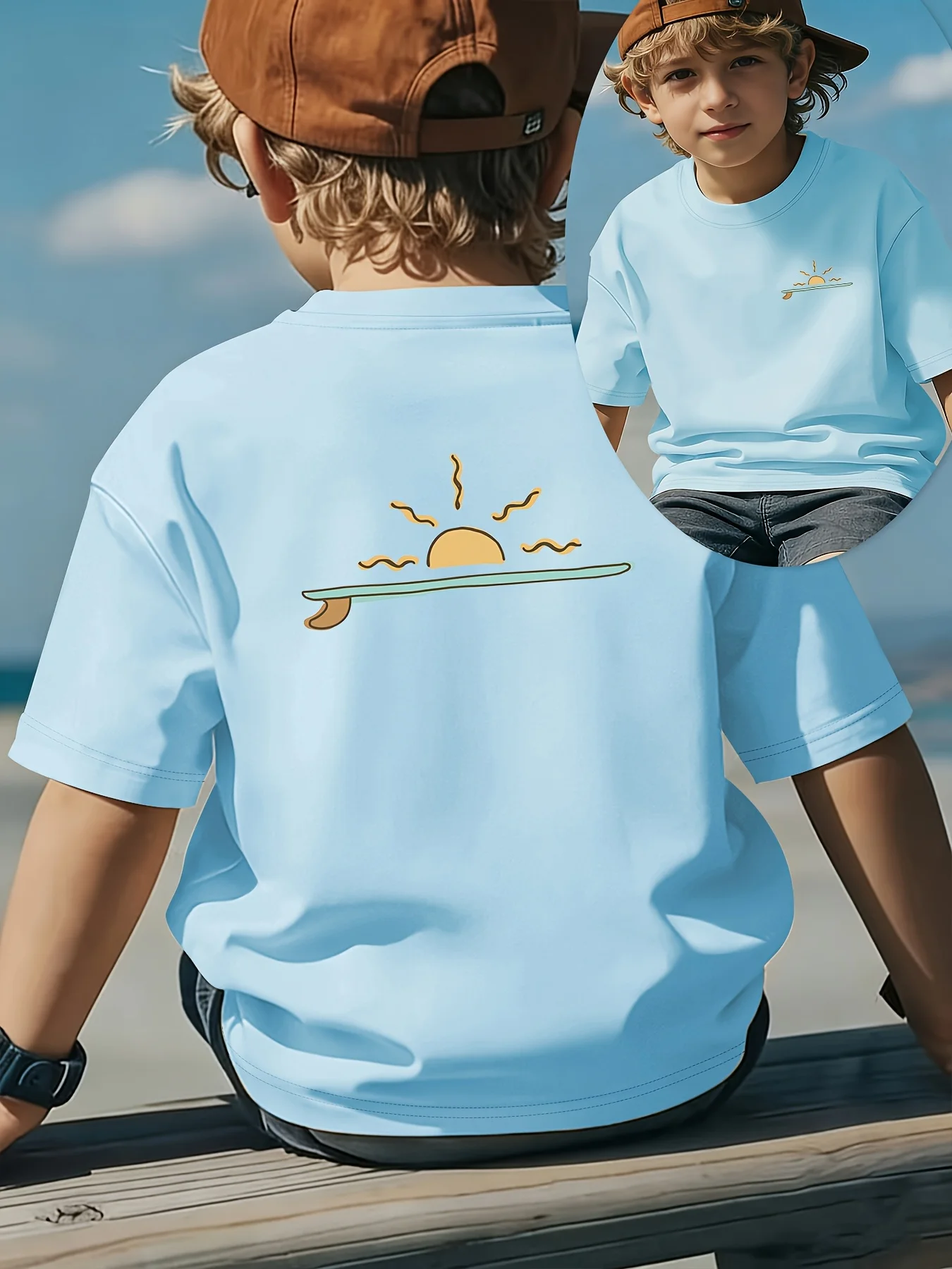 Surfboards Under The Sunset Minimalist Artistic Atmosphere on The Sea Children's T-shirt, Summer Round Neck Parent-child Outfit