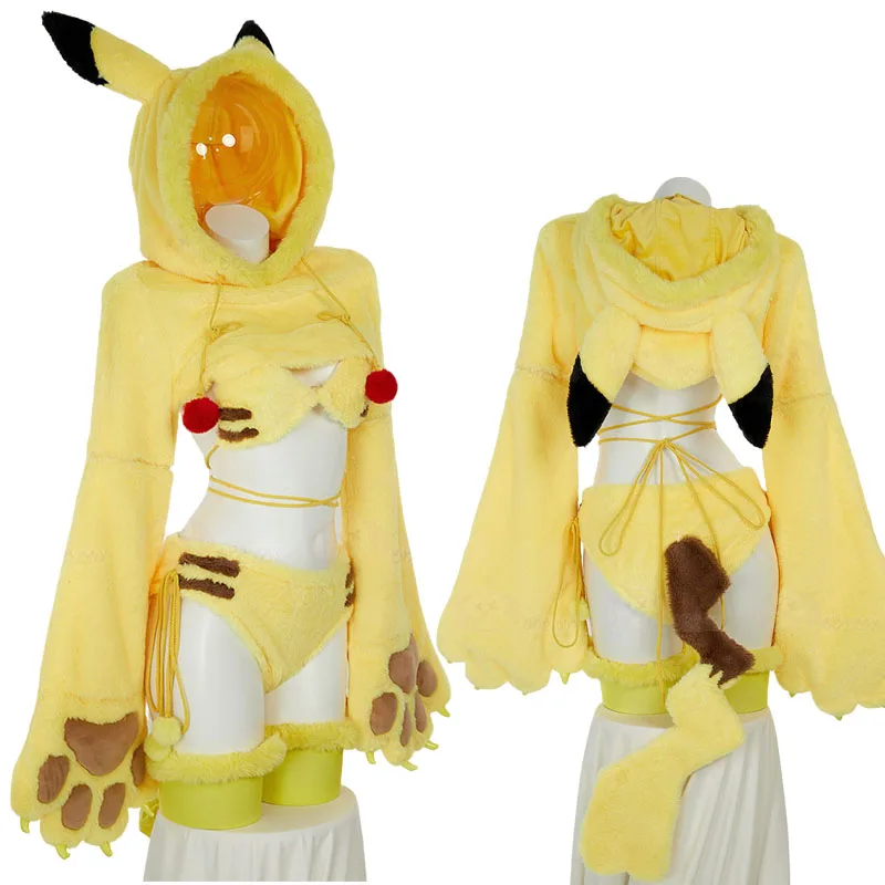 

Женский костюм для косплея с желтой мышкой на Хэллоуин, сексуальная пижама, нижнее белье, аксессуары с капюшоном, хвост, аниме, костюм Doujin