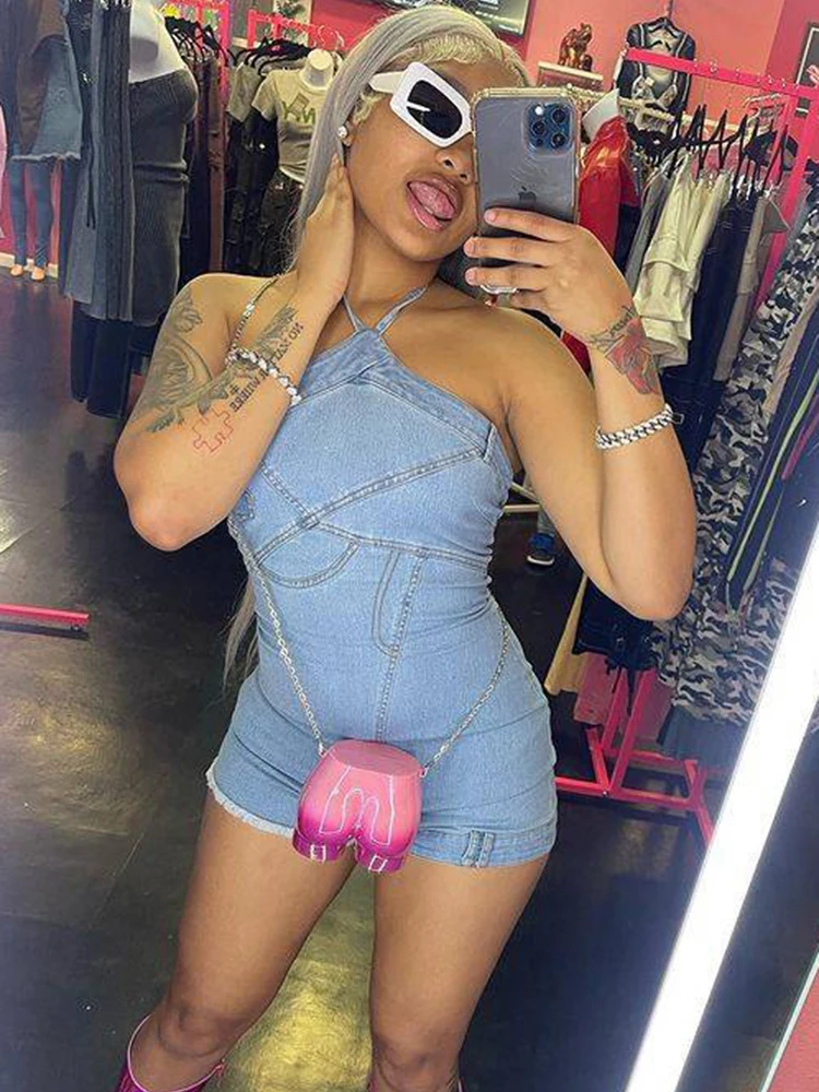 Sifreyr Strapless Halter Denim Playsuits Women Summer Backless Night Club Romper Jeans Fashion Streetwear Sexy Short Jumpsuits