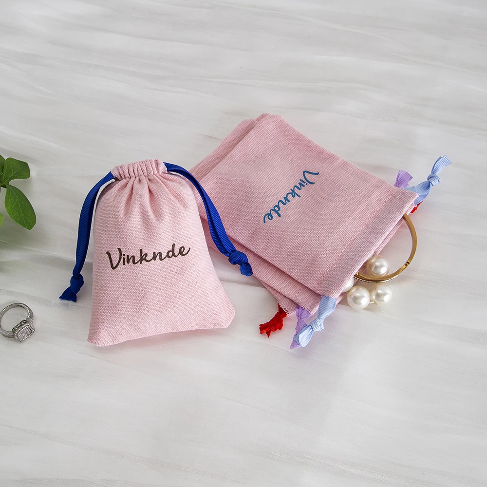 

Персонализированный логотип, розовая сумка для ювелирных изделий из натурального хлопка с лентой, свадебные конфеты, подарочная упаковка, косметические серьги, кольцо, украшение для вечеринки