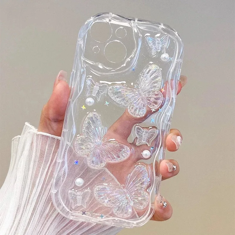 

3D Bling Glitter Butterfly Crystal Clear Phone Case For iPhone 14 15 13 12 14 Pro Max X XR XS Max Shining Star Pearl Wave Cover