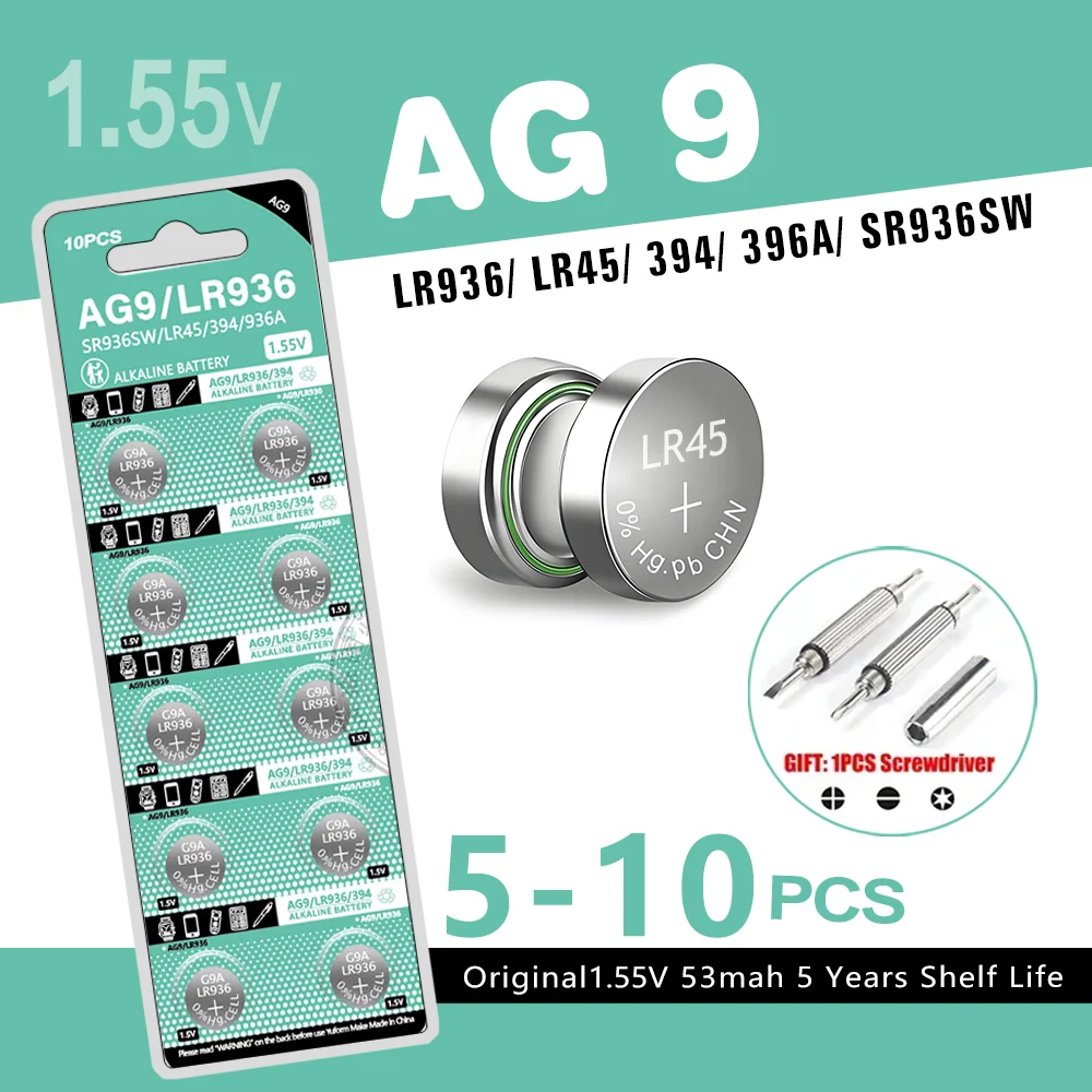 Batería de Botón Alcalina de Alta Calidad AG9 LR936 SR936SW 1.55V 53mAh 394 LR45 194 a Prueba de Fugas para Lámparas LED, Calculadoras y Relojes