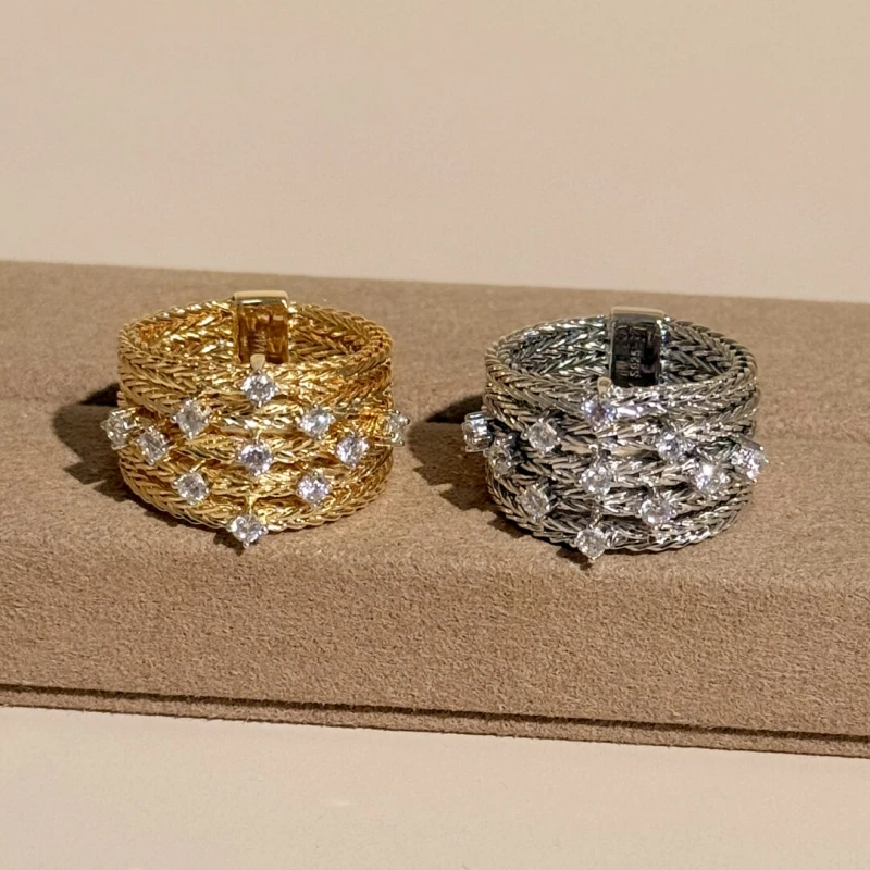 Bellux Multi Layer Twisted Mesh Band Ring Sparkling Round CZ Diamond Wide Finger Ring Gold Silver Two Color Party Jewelry Gift