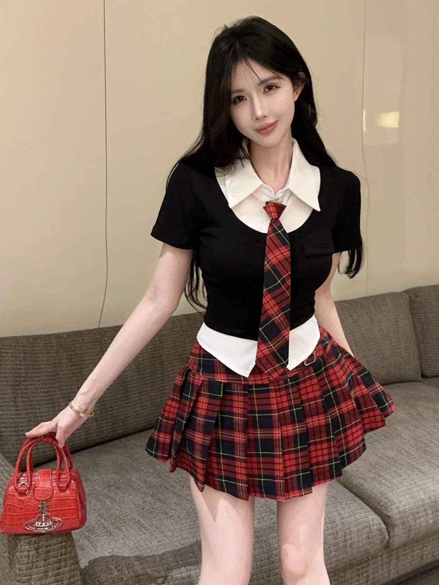 

Sweet Spicy Pure Desire Girl School Uniform Style JK Uniform Fake Two-Piece Collar Short Sleeve High Waist Plaid Skirt Set