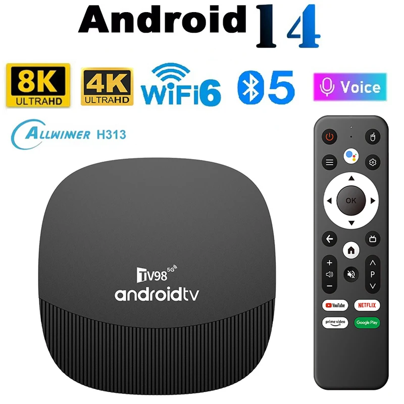 

ТВ-приставка TV98 ATV Max Plus на Android 14 Ultra 8K 4K с процессором Allwinner H313 (четырехъядерный), поддержкой 4G/5G, Wi-Fi 6, Bluetooth 5.0, голосовым управлением, медиаплеер для потокового вещания IPTV.