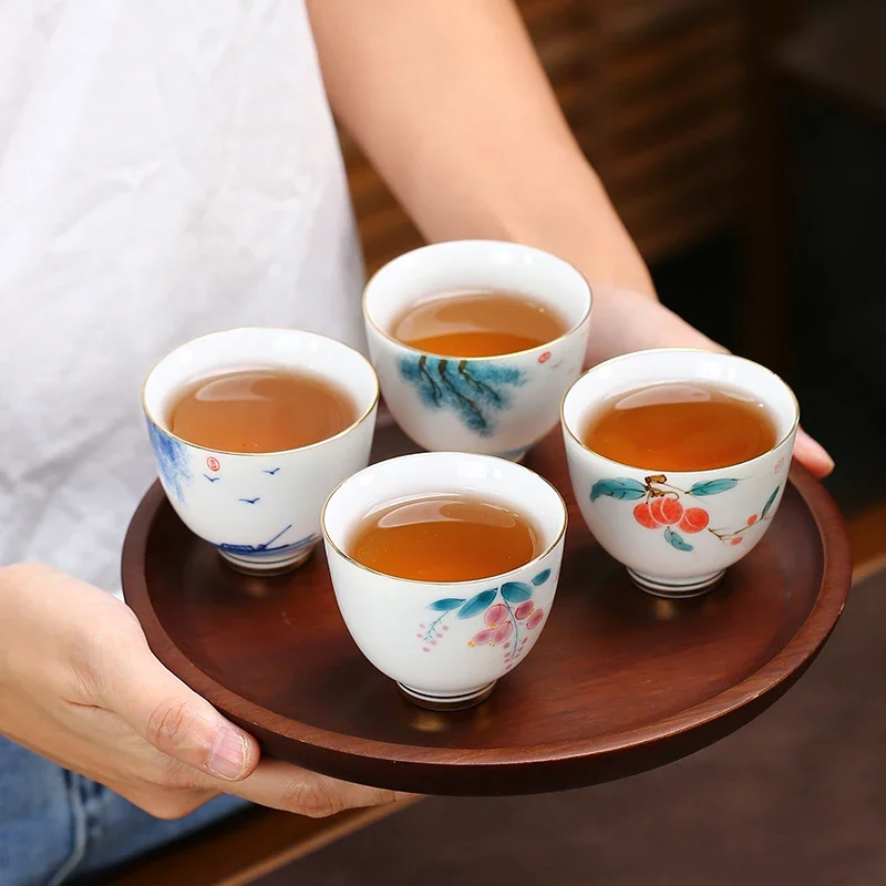 Chinese Ceramic Teacup Hand Painted Flower Pattern Boutique Tea Bowl Meditation Tea Cup Household Porcelain Tea Set Accessories