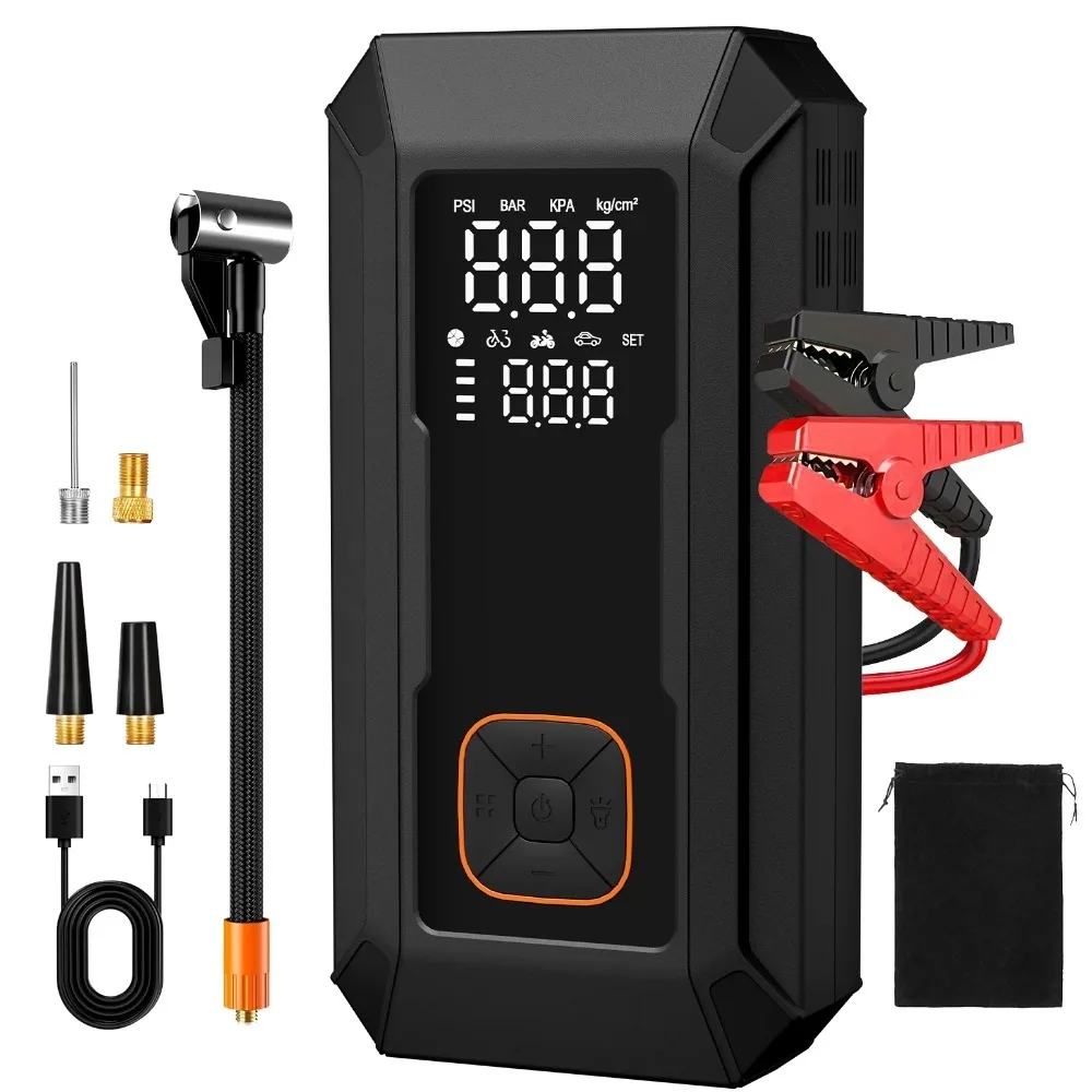 Arrancador de Coches Portátil con Bomba de Aire, Arrancador de Emergencia de 3000A, Compresor de Aire para Automóvil de 150 PSI, Inflador de Neumáticos, Luz LED