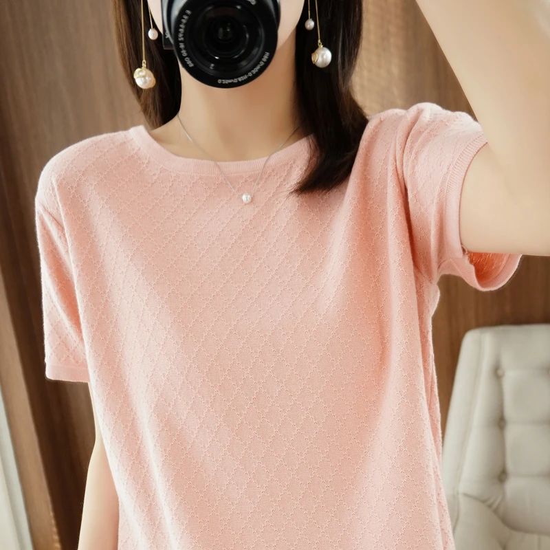 Women\'s T-shirt Spring/Summer 100% Cotton Sweater Short Sleeve Casual Solid Round Neck Ladies Tops Loose Blouse Pullover Tees