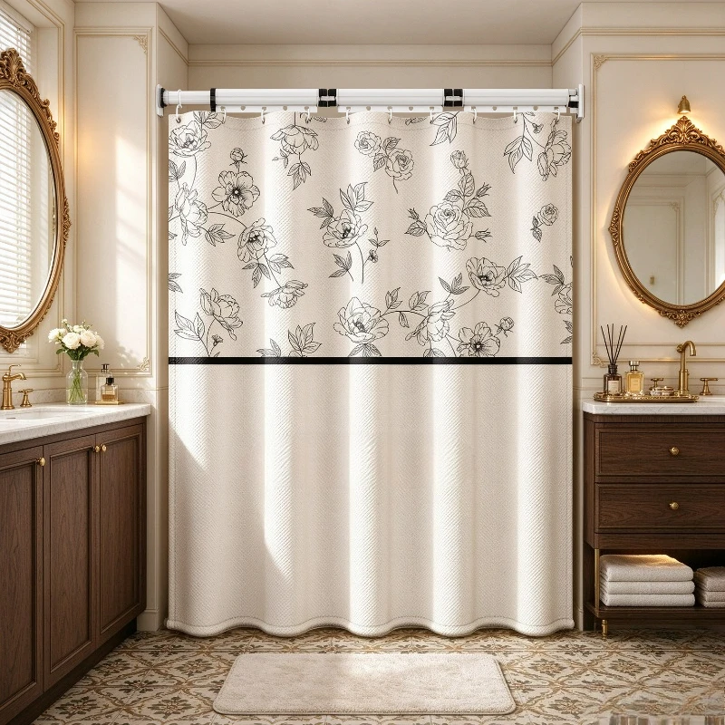 Foldable Curved Shower Curtain French Style Invisible Waterproof Bathroom Partition for Wet Dry Separation Modern Home Decor Set