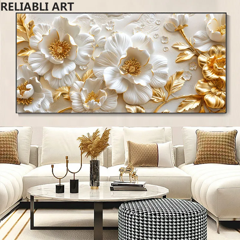 

Abstract Gold Leaves White Flowers Art Canvas Painting,Scandinavian Room Decor Posters and Prints for Living Room Home Decoratio
