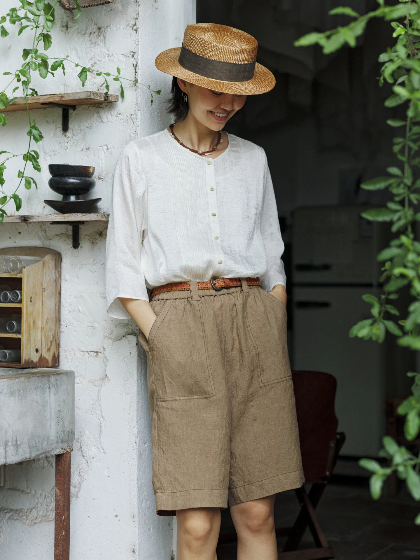 

High-Waisted Waed Linen Workwear orts Five-ket Khaki Spring Summer New Arrival Comfortable Loose Fit Straight Leg Pants