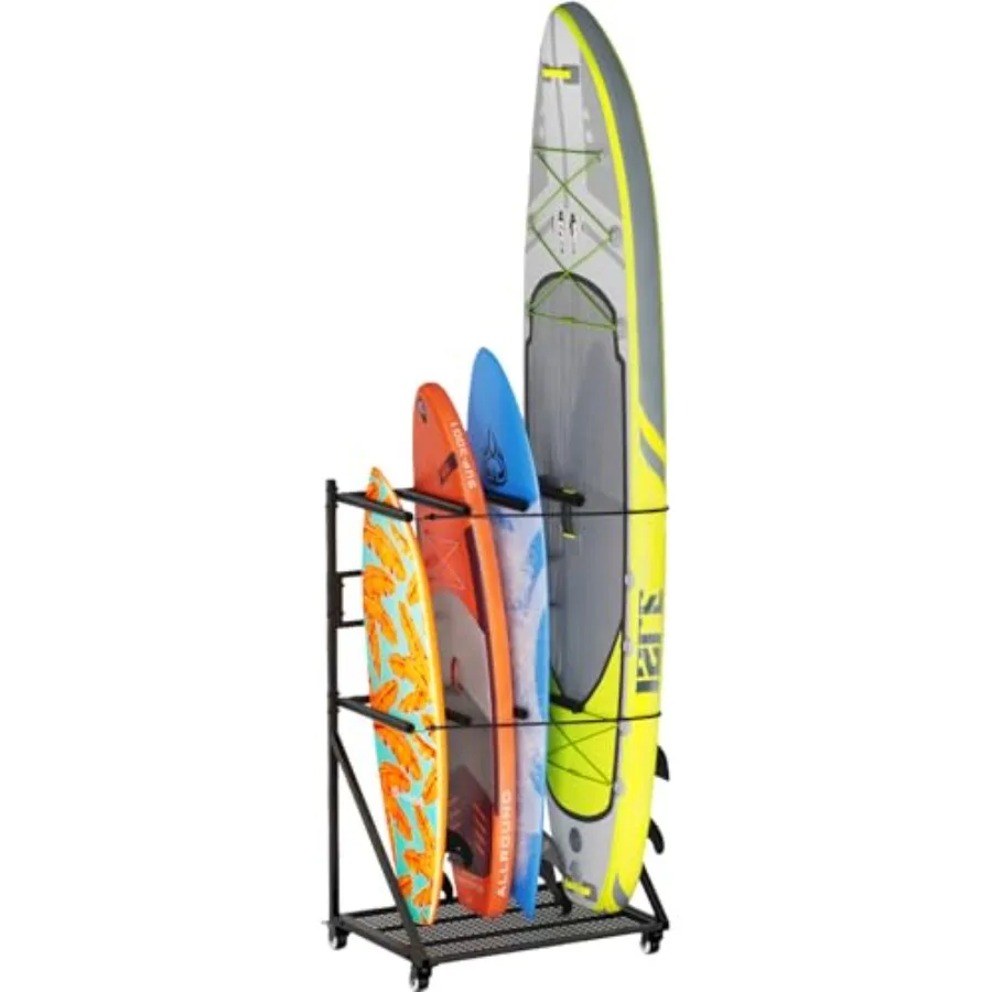 

Surfboard Rack for 4 Boards Heavy Duty Two-Tier Design Indoor Display Stand with Wheels for Shortboard and Longboard Organizer