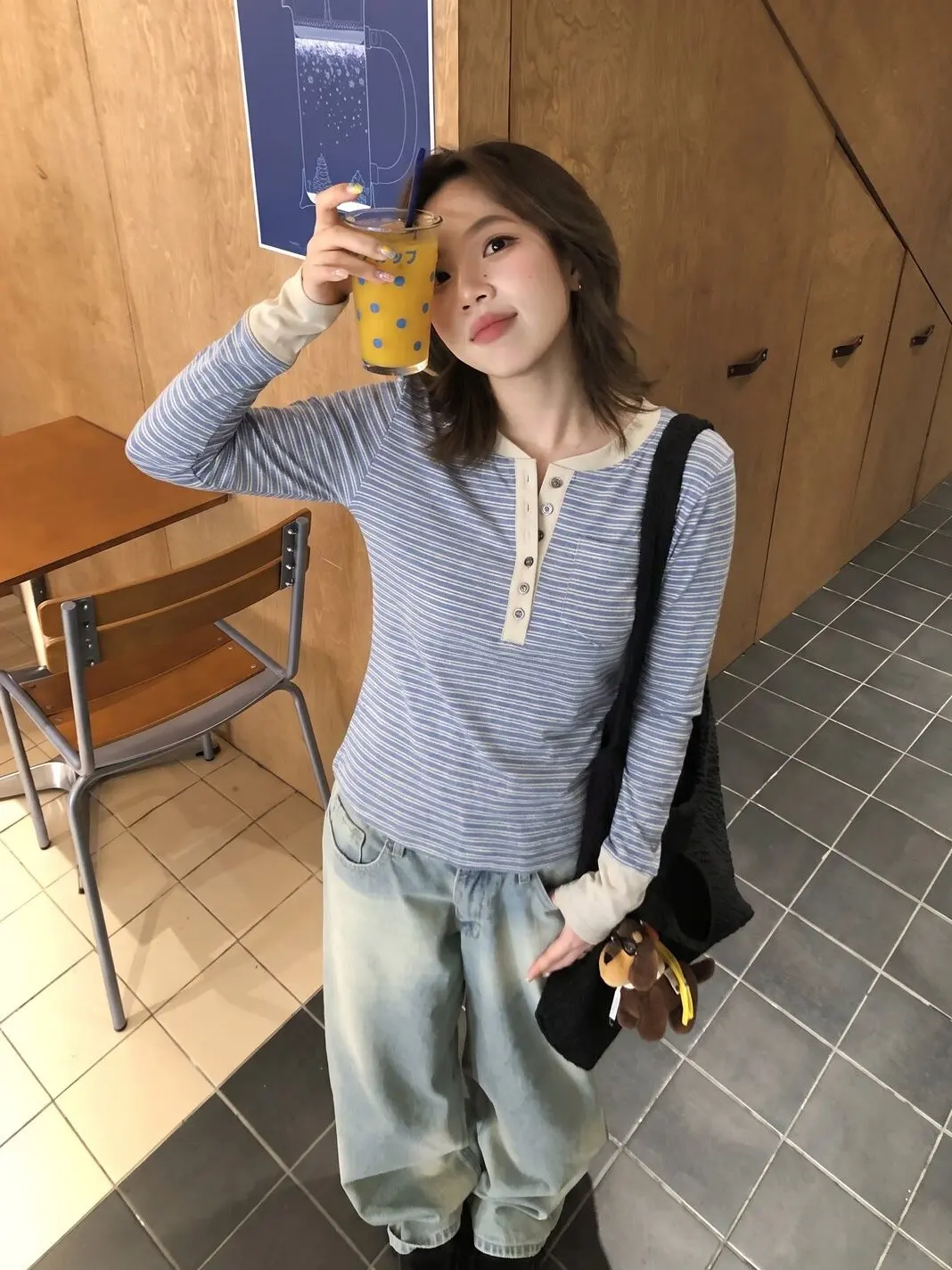 Casual Striped Long Sleeve T-Shirt Women's Half Collar Pilot FEMALEPILOT Korean Color Block Style Versatile Autumn Top
