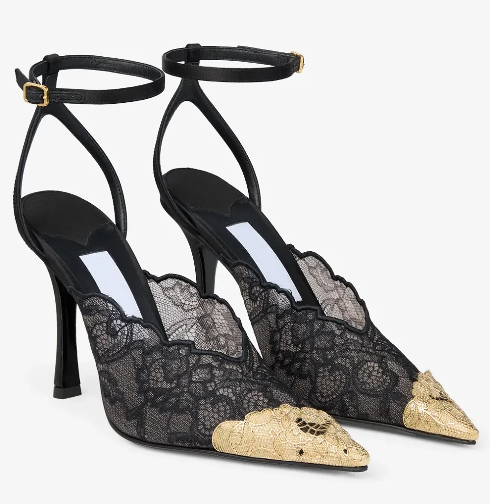

Famous Brand Faiz 100 Embroidered Lace Pumps Metal Lace Slender Ankle Strap Gold-tone Metal Toe Cap High Heels Party Wedding Dre