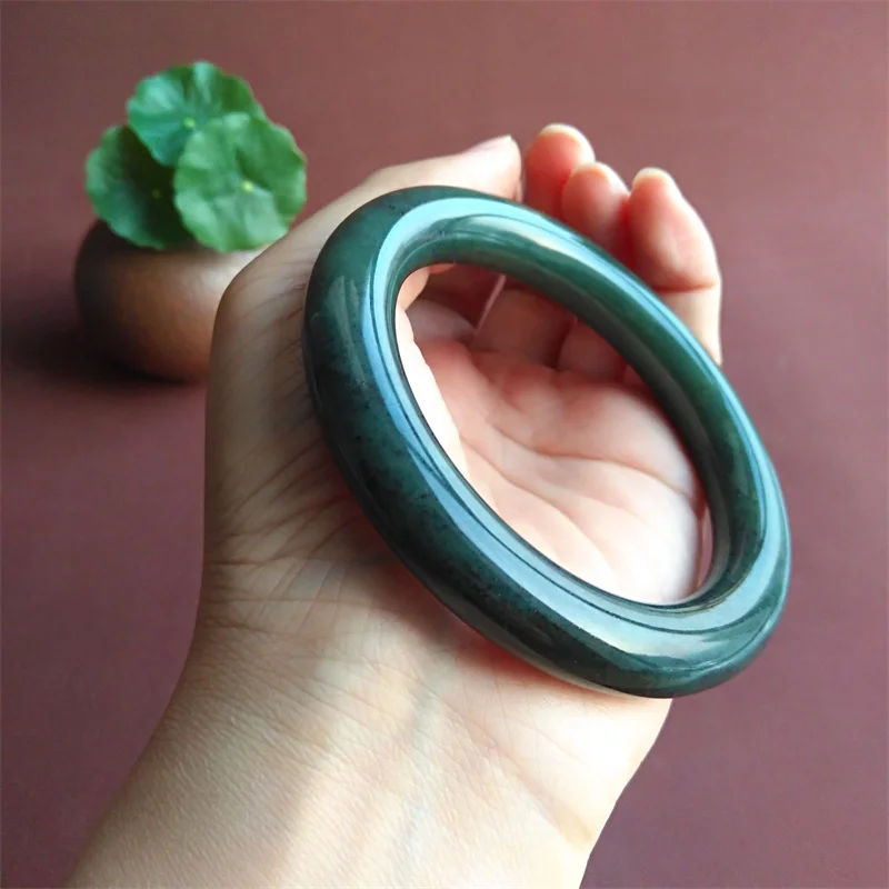 Natural Hetian Jade Qiemo Blue Bracelet Genuine Fat Round Bar Bracelet Women's Fashion Versatile