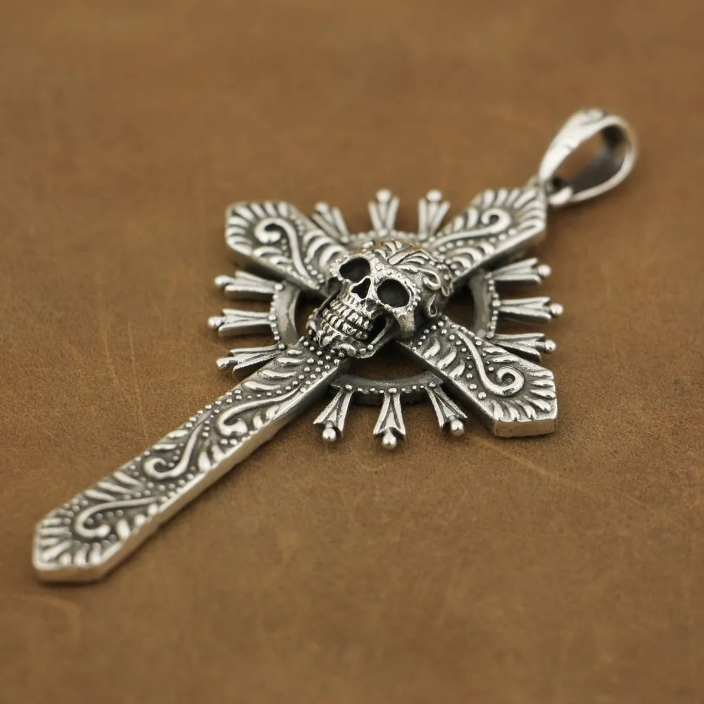Detail 925 Sterling Silver Skull Cross Pendant Punk Jewelry TA81 BZ