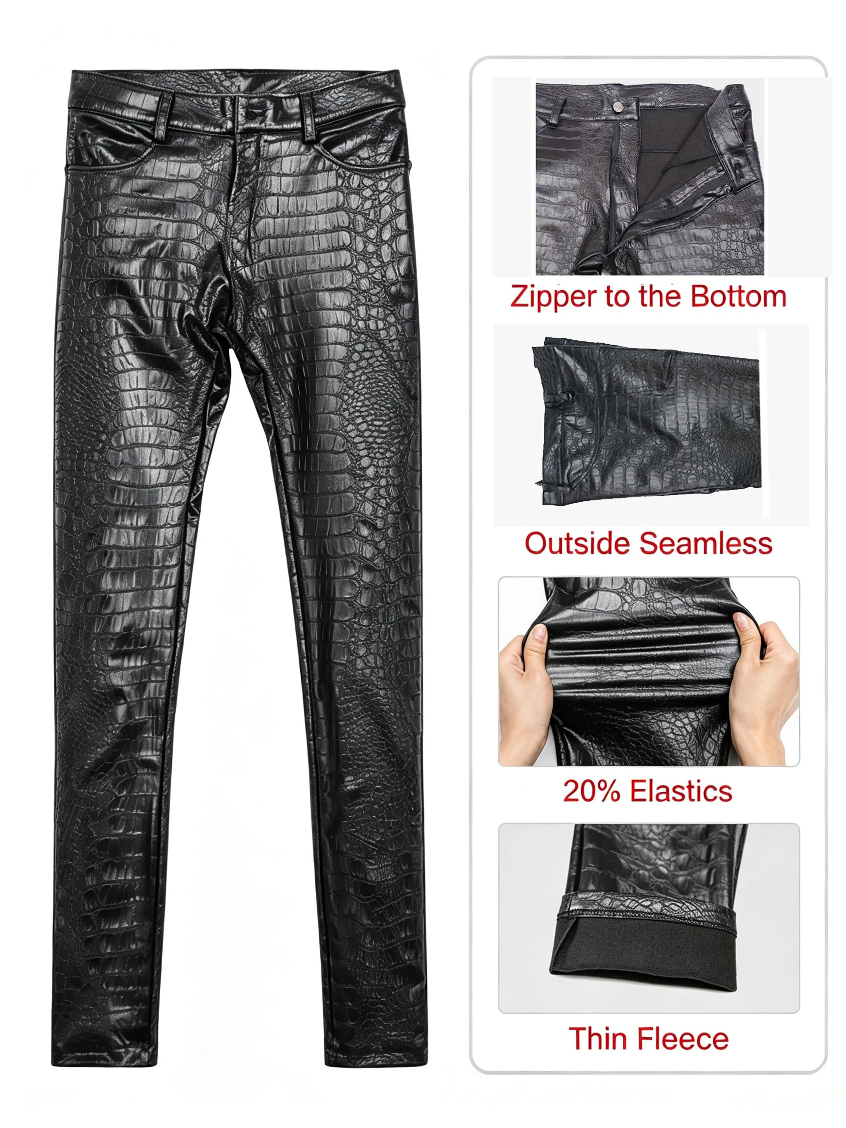 Men Print Faux Leather Skinny Pants Stretchy Wet Look PU Tight Trousers Mid Waist Button Zipper Clubwear Stretchy Skinny Jeans