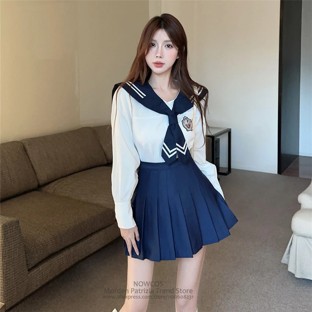 Japanese Korean Girl Sailor Uniform, School Uniform, Uniform Set, Navy Collar Top Tie + High Waisted Pleated Skirt Preppy Style