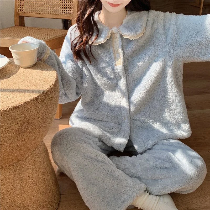 Pajama Woman Winter Autumn Ladies Flannel 2 Pieces Set Long-sleeved Turndown CollarThickened Padded Cute Girls Homewear Suit