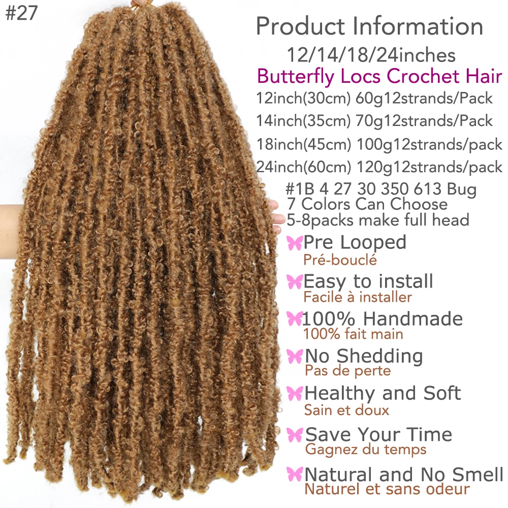 Locomotoras de mariposas UPJOY Trenzas De Pelo De Ganchillo Pre-bucle Locs desordenados Pelo De Ganchillo Natural Locomotoras angustiadas Cabello de crochet para mujeres y niños