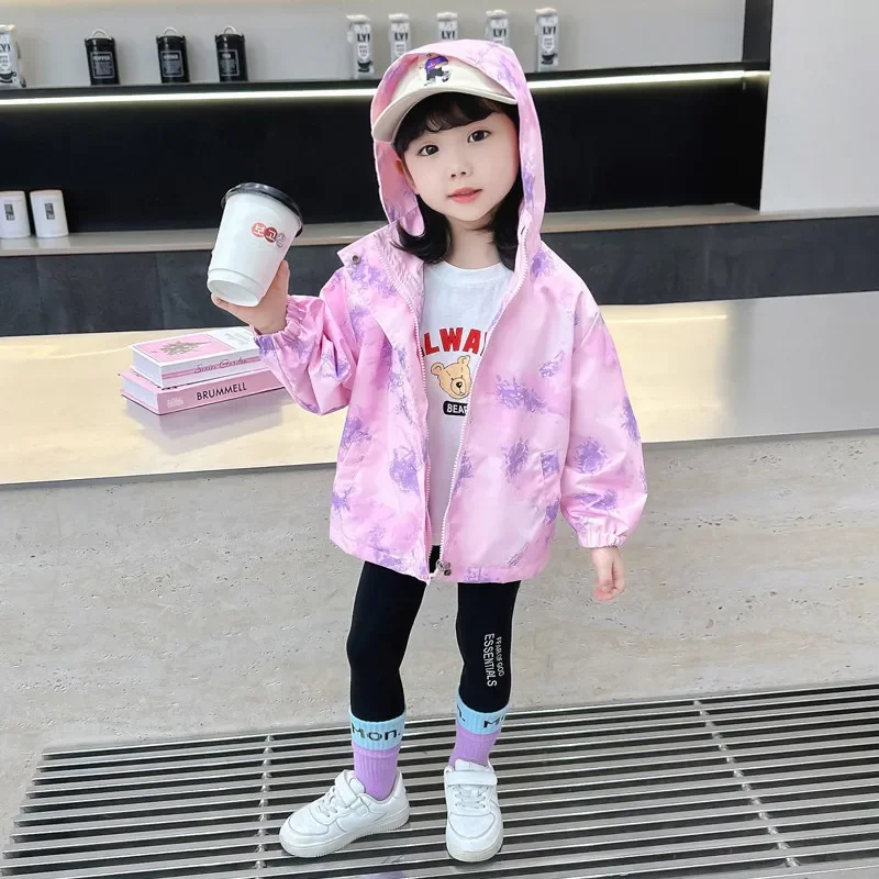 Girls Coat Spring Autumn 2024 New Children Hooded Zipper Shirt Casual Korean Style Foreign Little Girl Hardshell Jacket Cool