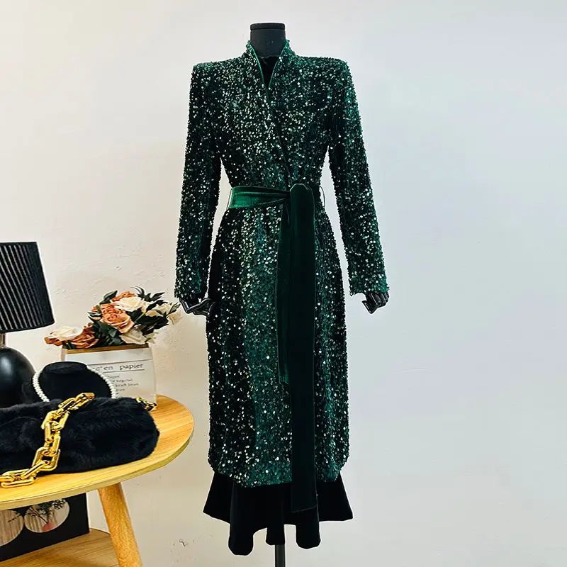 Elegant Trench Coat Women Velvet Dark Green Glitter Embroidered Stand-up Collar Versatile Sophisticated Tie Up Suit Overcoat