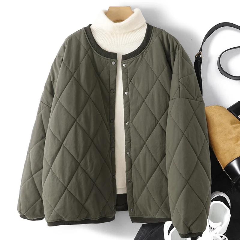 

een Diamond Pattern Lightweight Cotton Jaet Women's Autumn Winter Loose Fit Casual Simple ort Top Retro Sle