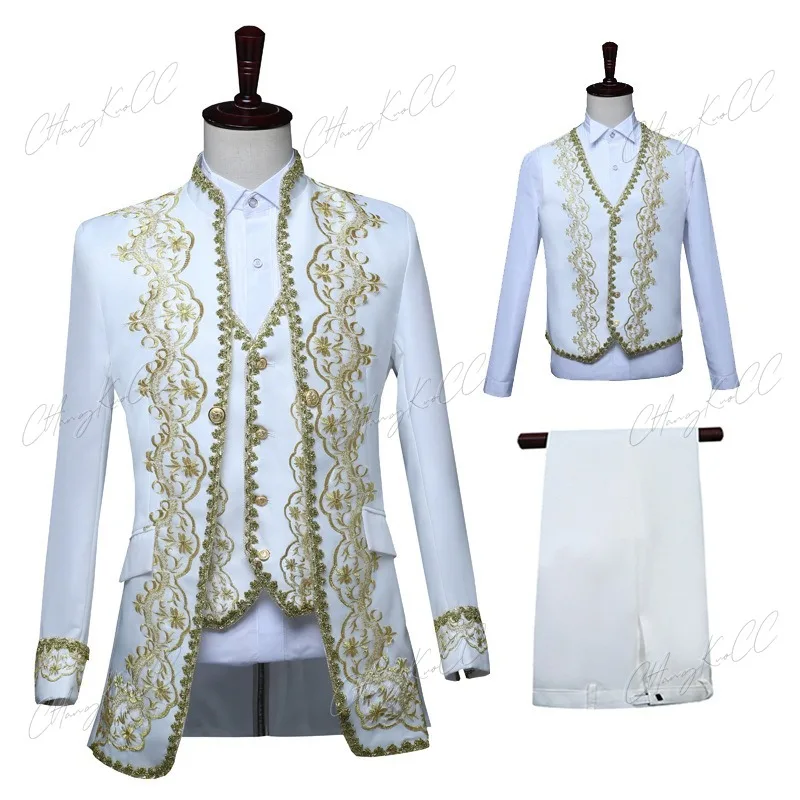 4XL Adult Men 3PCS Set Victorian Steampunk Royal Prince Costume Vintage Baroque Jacket Vest Coat Pants Wedding Groom Blazer Suit