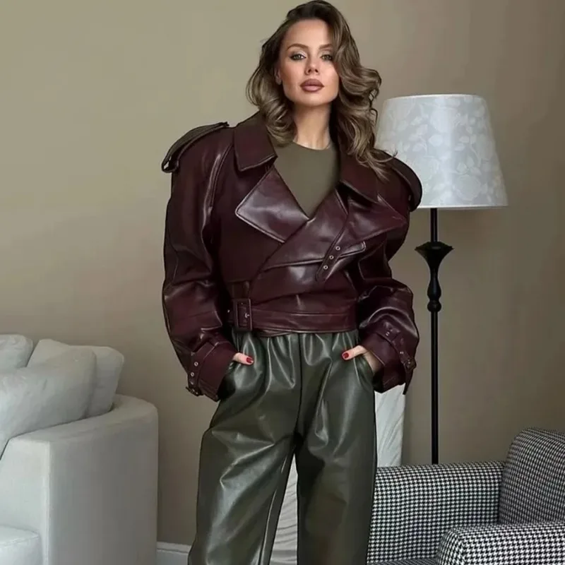 

Talenza женская винтажная куртка из искусственной кожи модный пояс с лацканами в стиле пэчворк куртка с высокой талией уличная повседневная женская верхняя одежда