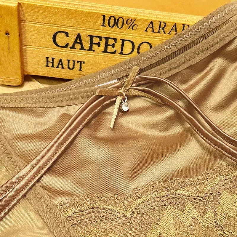 Light Luxury Ice Silk Satin Patchwork Lace Women Thin Underwear Comfortable Skin-friendly Mesh Breathable Elastic Triangle Pants