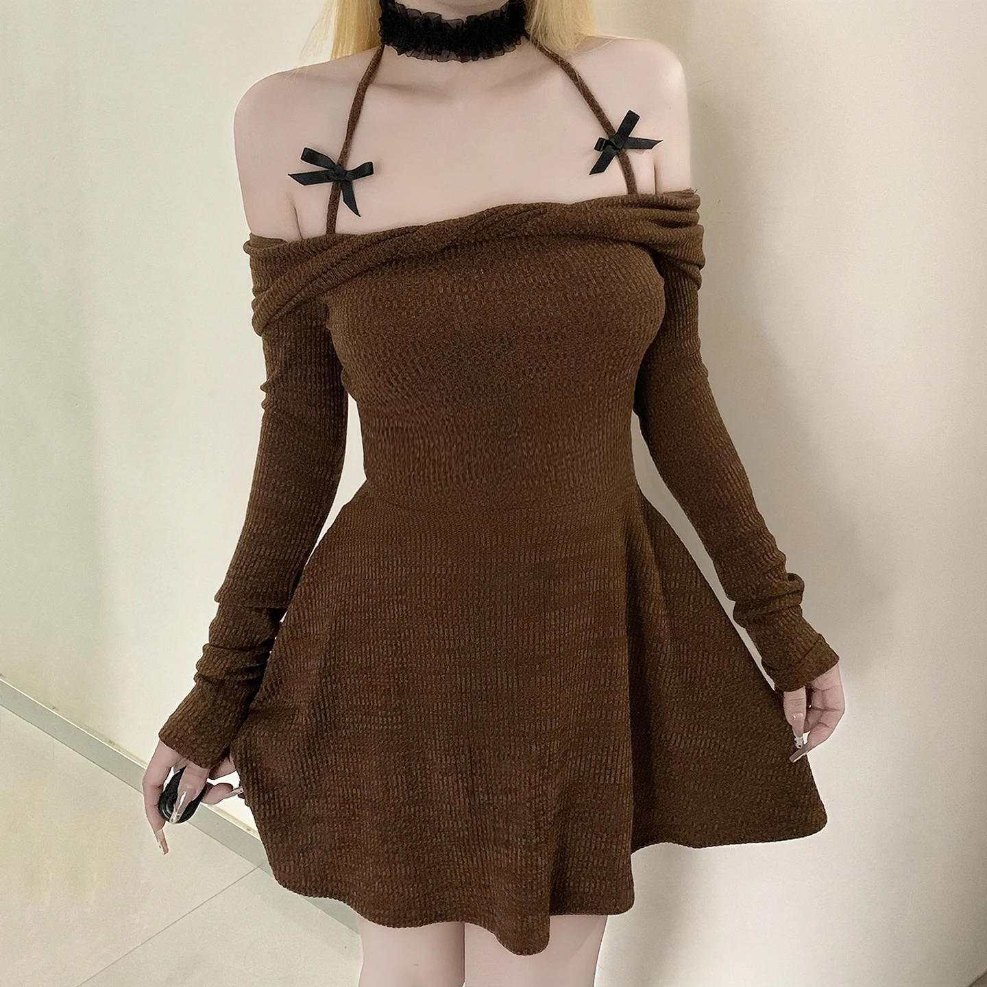 

Sweet Solid Bow A-Line Dress Slim-Fitting Slash Neck Long Sleeve Knitted Mini Dresses For Women 2025 Autumn Winter Fashion Lady