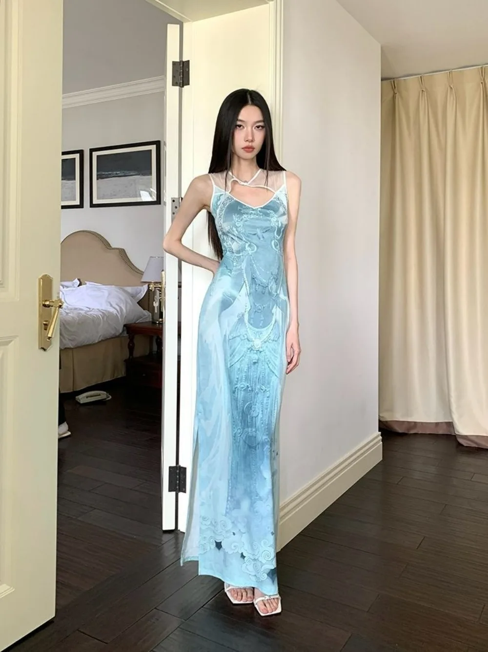 만다라 미스틱 드레스 크로스 플라워 메쉬 스플라이스드 홀로우 아웃 타라 프린트 미디 드레스 아티산 보헤미안 위스퍼 코티지코어 트랜퀼리티