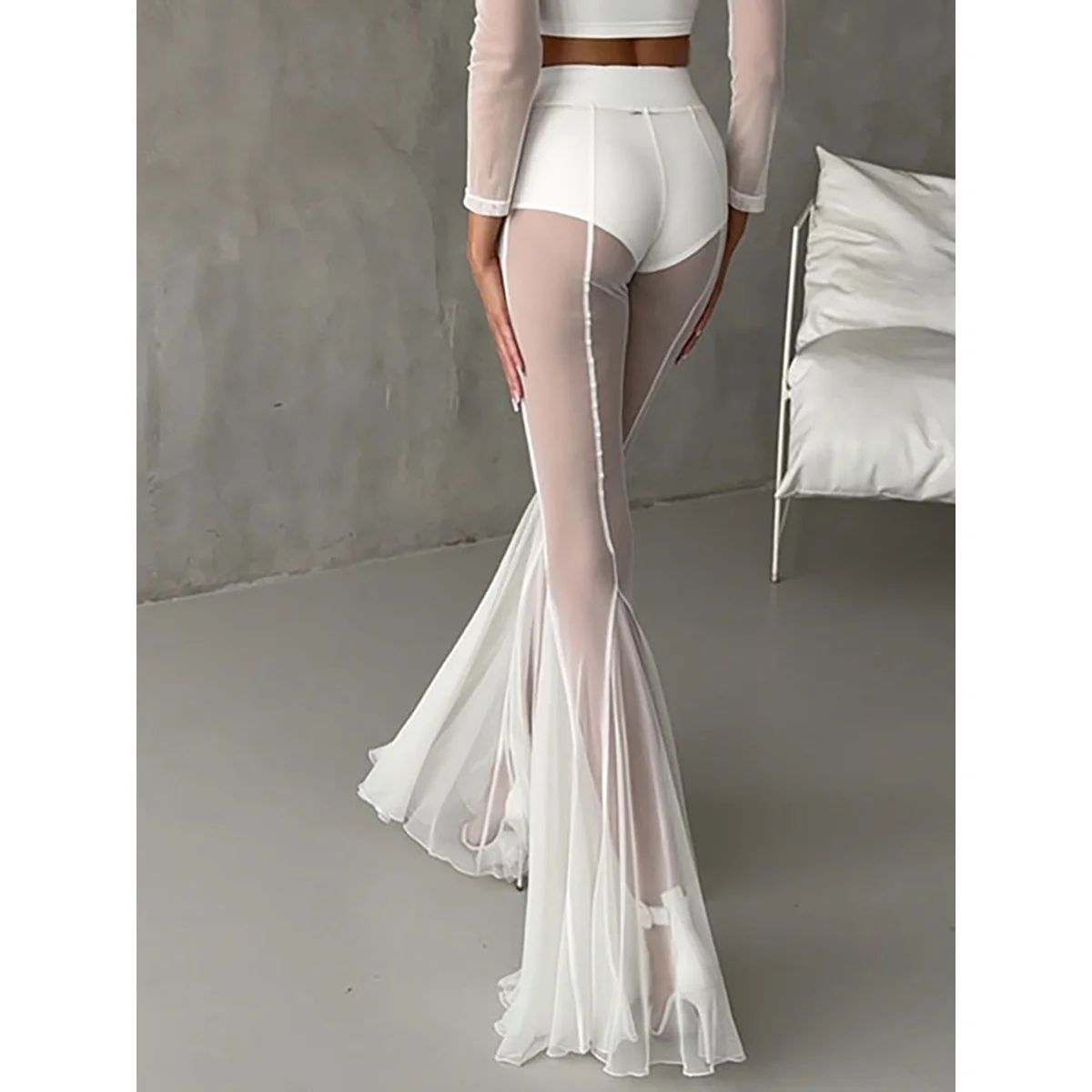Sexy Fashionable Elastic Slim Fit Mesh Hollow out Transparent Netting Bell Bottom Pants Women's Bottoms  Color Leggings