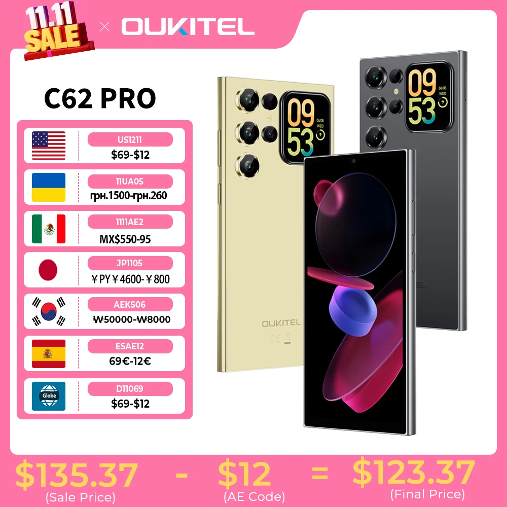 OUKITEL C62 Pro Smartphone Android 15, 6.88'' HD+ Display Unisoc T615 Cell Phone, 24GB (8+16) + 256GB, 5150mAh Battery NFC Mobile