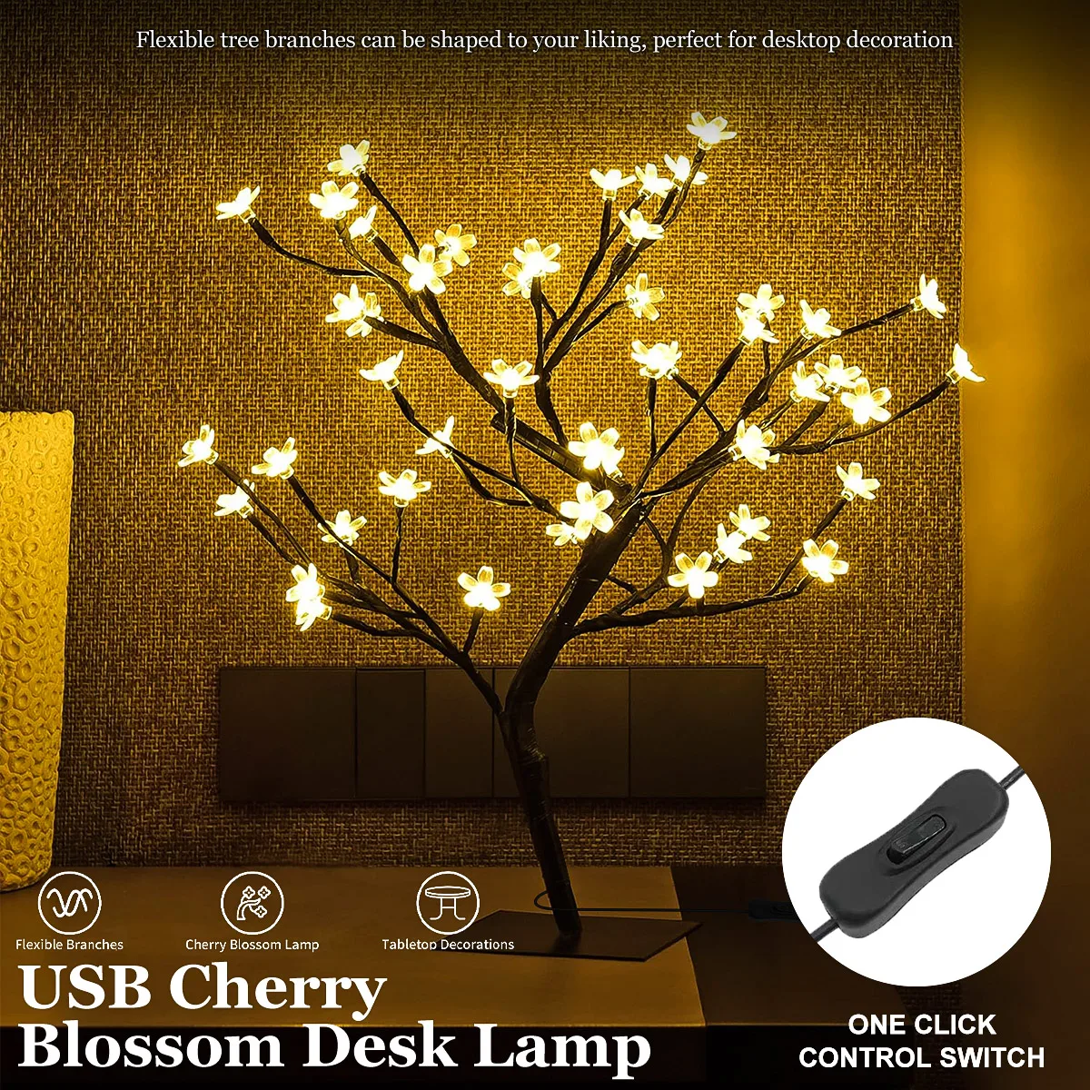 1PC Cherry Blossom Tree Light LED Artificial Flower Bonsai Tree Tree Valentine's Day Christmas Decoration 48 LED Brown Branch