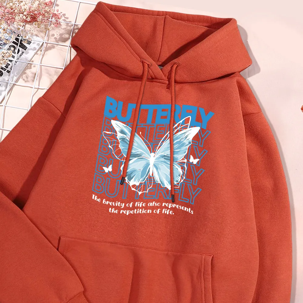 Blue Butterfly Print Hoodie Men Casual Loose Fleece Hoodies Streetwear Simple Pullover British Style Hoody Oversize Clothing