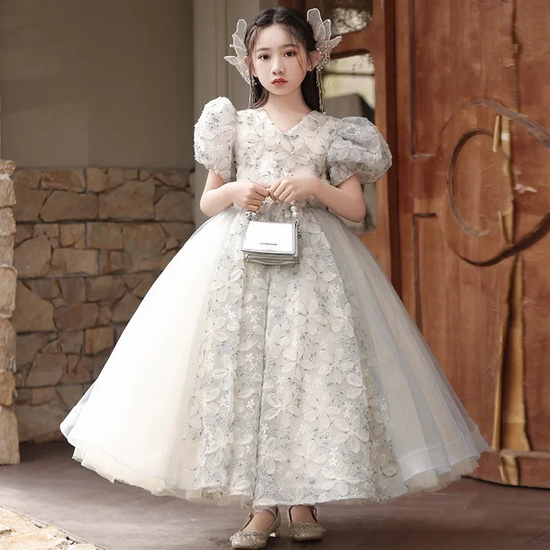 V Collar Girl Fashion Princess Dress Bridesmaid Dresses for Wedding Puff Sleeves Children Evening Gown Tulle Girls Frocks