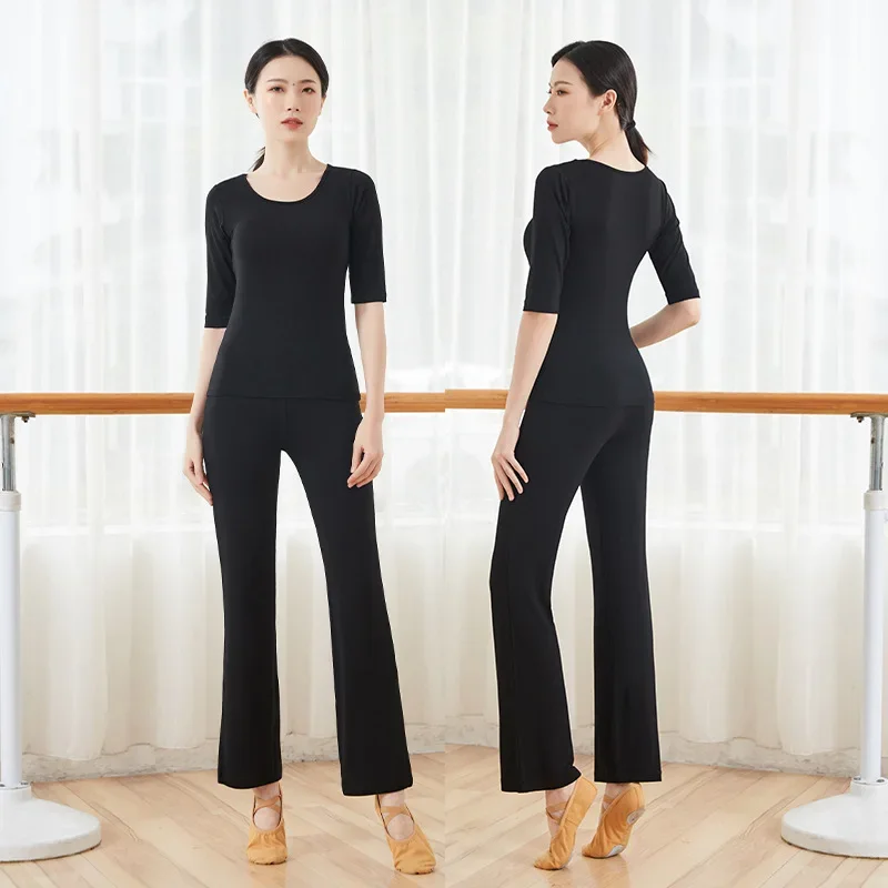 

Round neck dance practice suit for female adults, black straight through micro flared pants, V-neck slimming modern dance suit