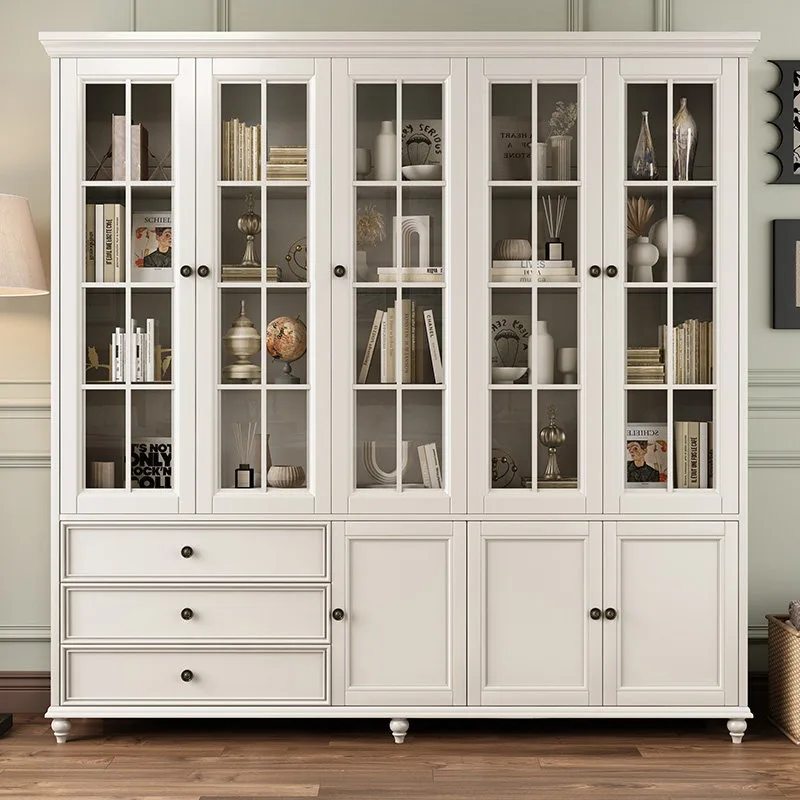 American all-solid wood bookcase three-door floor-to-ceiling combination household with glass door simple storage bookcase ash w