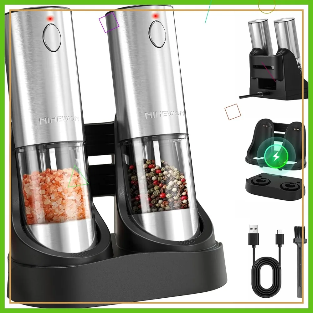 Electric Salt & Pepper Grinder Set with LED Light, Rechargeable, 5 Adjustable Coarseness, Large Capacity, Stainless Stee