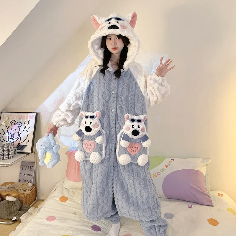 

Winter Women Nightgown Robe Pajamas Set 2 Piece Set Thicken Hooded Soft Warm Sleepwear Cartoon Cow Casual Plush Ladies Pajamas