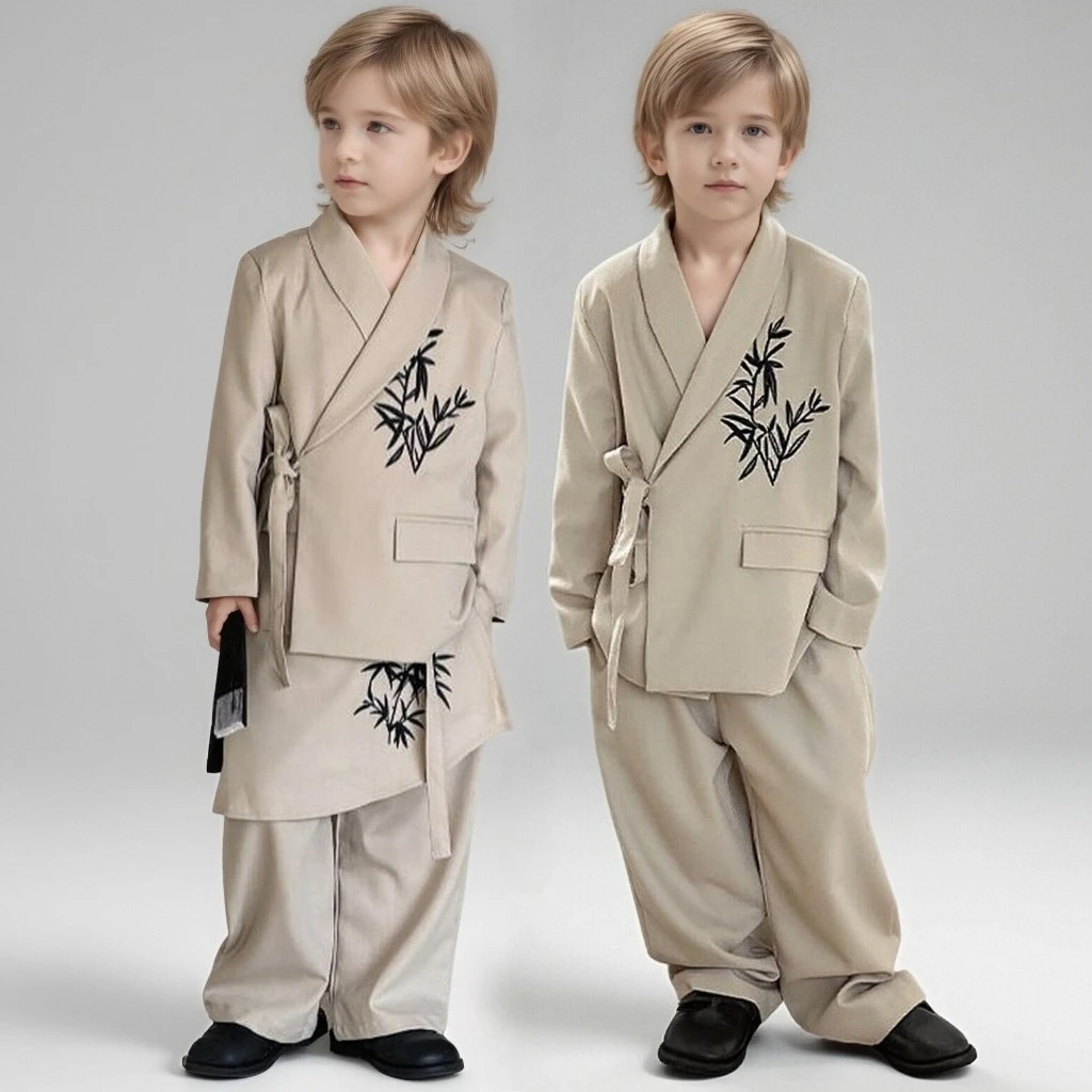 Completo per Bambini Autunno 2026, Nuova Moda Boutique, Smoking con Ricamo Foglie di Bambù, Beige, Blazer Largo per Matrimonio, Set per Ragazzi 10 Anni