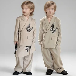 Children Suit Outfits 2026 Autumn New Fashion Boutique Bamboo Leaves Embroidery Tuxedo Beige Loose Boys Wedding Blazer Set 10 Y