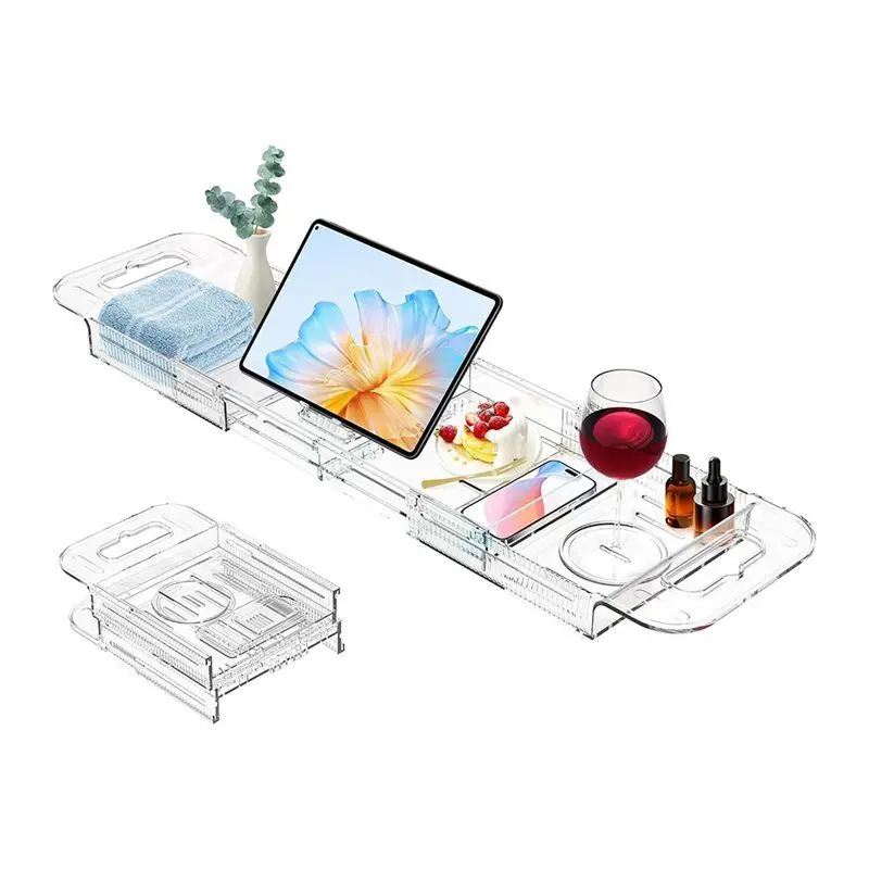 AEE2-Expandable Drain Bath Caddys Tray For Tub, Multifunctional Acrylic Bathtub Tray Bathroom Organizer, Imple Bathtub Table