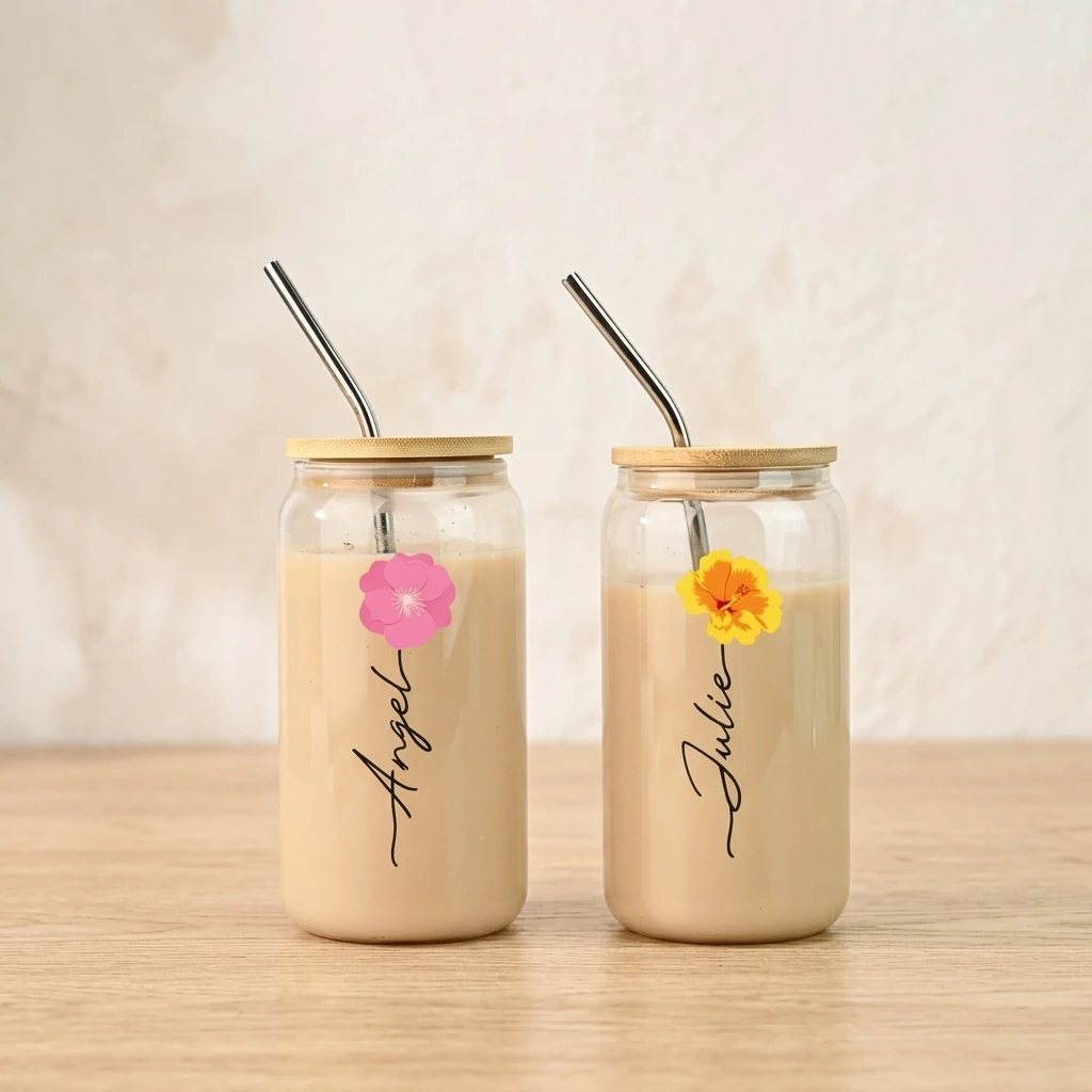 Custom Floral Birth Flower Glass Can With Bamboo Lid, Personalized Name Clear Jar Glass Cup, Spring Autumn Beverage Gift for Her