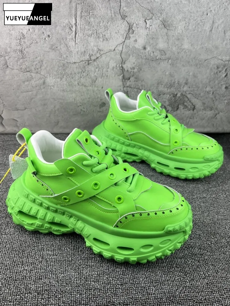 

High Street Men Solid Color Lace-Up Casual Shoes Handmade Round Toe Platform Height Increase Male Genuine Leather Footwear