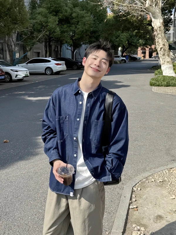 Deep Blue Denim Shirt Men's Casual Long Sleeve Spring Jacket Cleanfit Leisure Workwear Outerwear Vintage Japanese Style