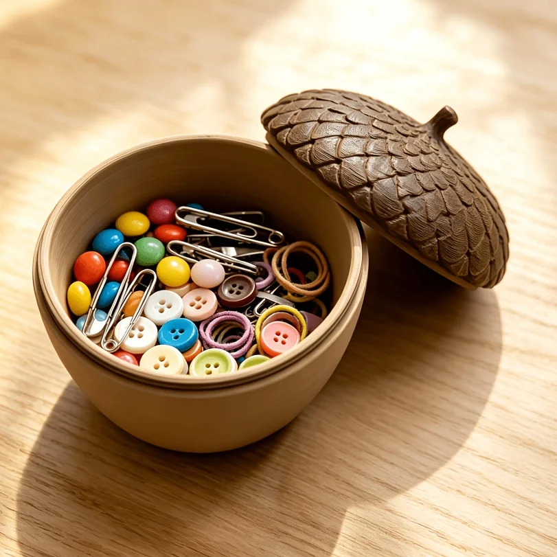 Mori Style Acorn Shaped Desktop Storage Jar, Vintage Pine Cone Pattern Storage Bowl with Lid, Small Utility Organizer