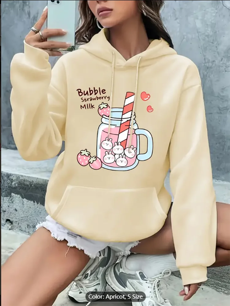 Women's Cute Bunny & Strawberry Print Hoodie - Casual Drawstring Pullover with Kangaroo Pocket, Long Sleeve Polyester - Perfect